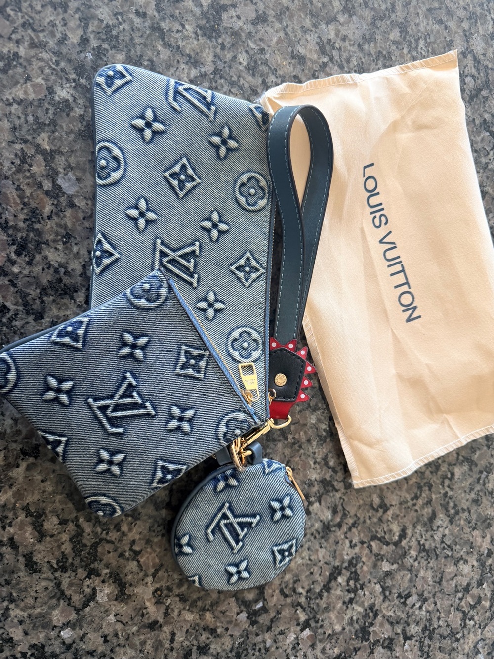 Fashion Brand Blue Denim Monogram Triple Pouch Wristlet with Red Accent - Picture 3 of 5
